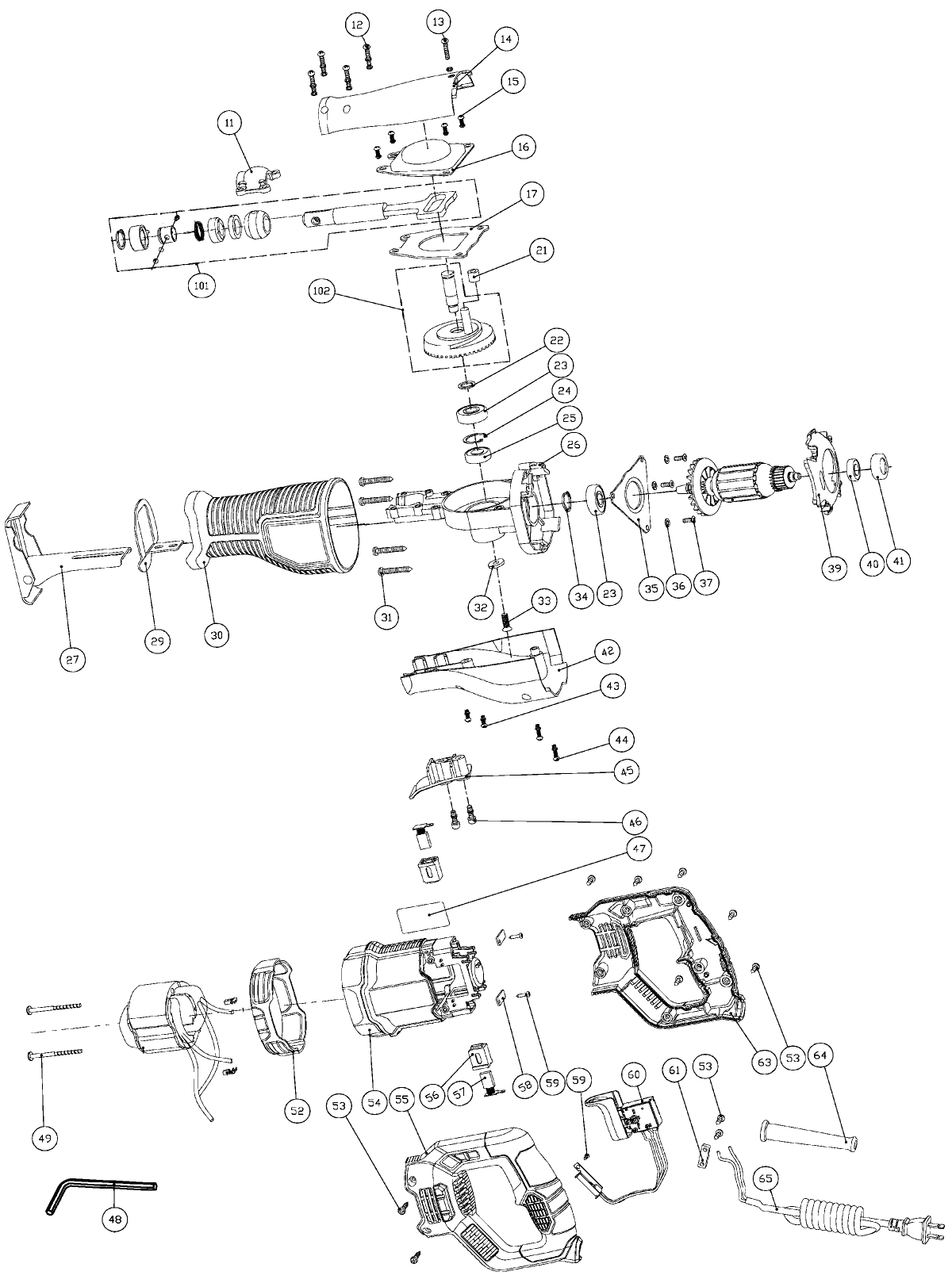 Default Diagram and Parts List for PCE360 Type 1 Porter Cable Reciprocating Saw